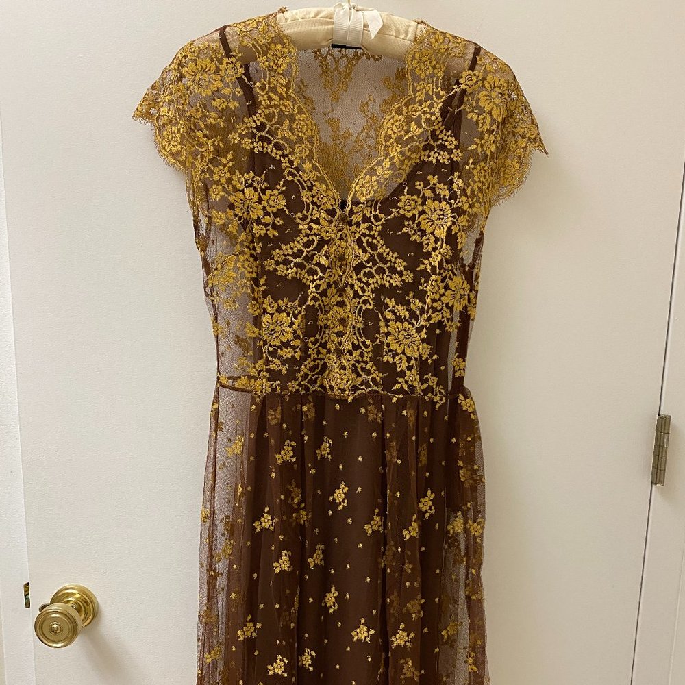 Collette Dinnegan Smoky Maroon Golden Lace Dress